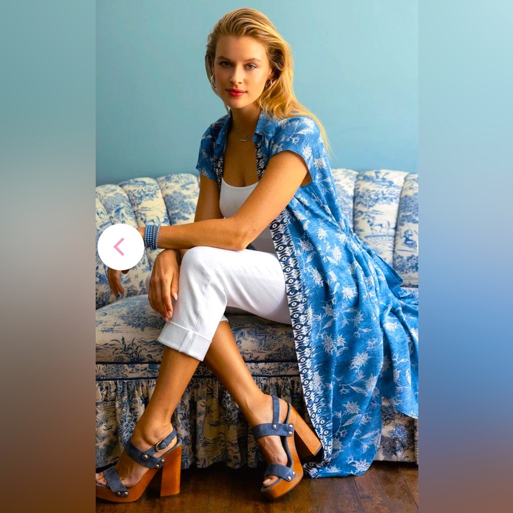 Liverpool Blue & Cream Button-up Collared Shirt Dress in Chambray Floral